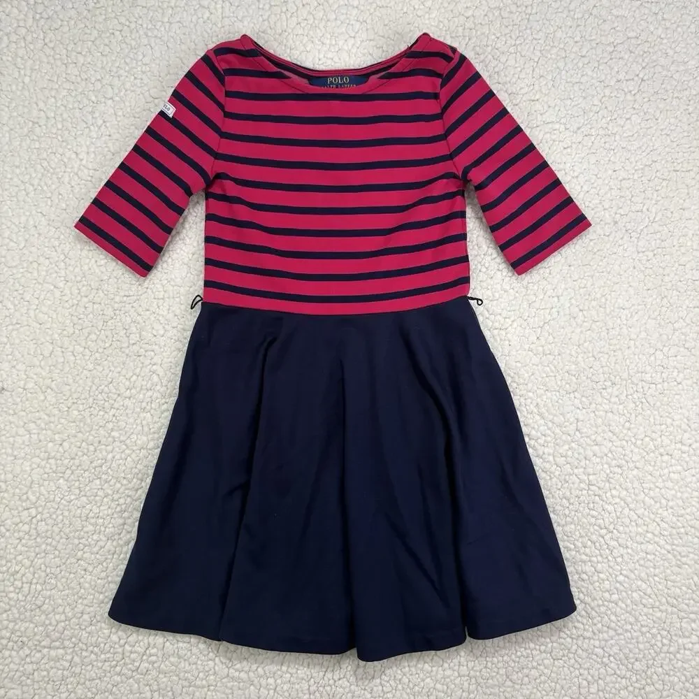 Polo‎ Ralph Lauren Striped Dress Girls Size 6 Pink Navy Fit & Flare Half Sleeve